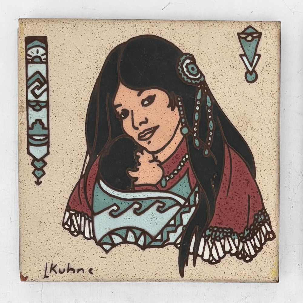 VTG 1984 Earthtones Leone Kuhne Native Mother Child Ceramic 6" Tile Decor‎